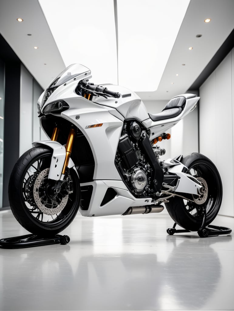 Futuristic white motorbike, low angle view, isolated, white background, mockup