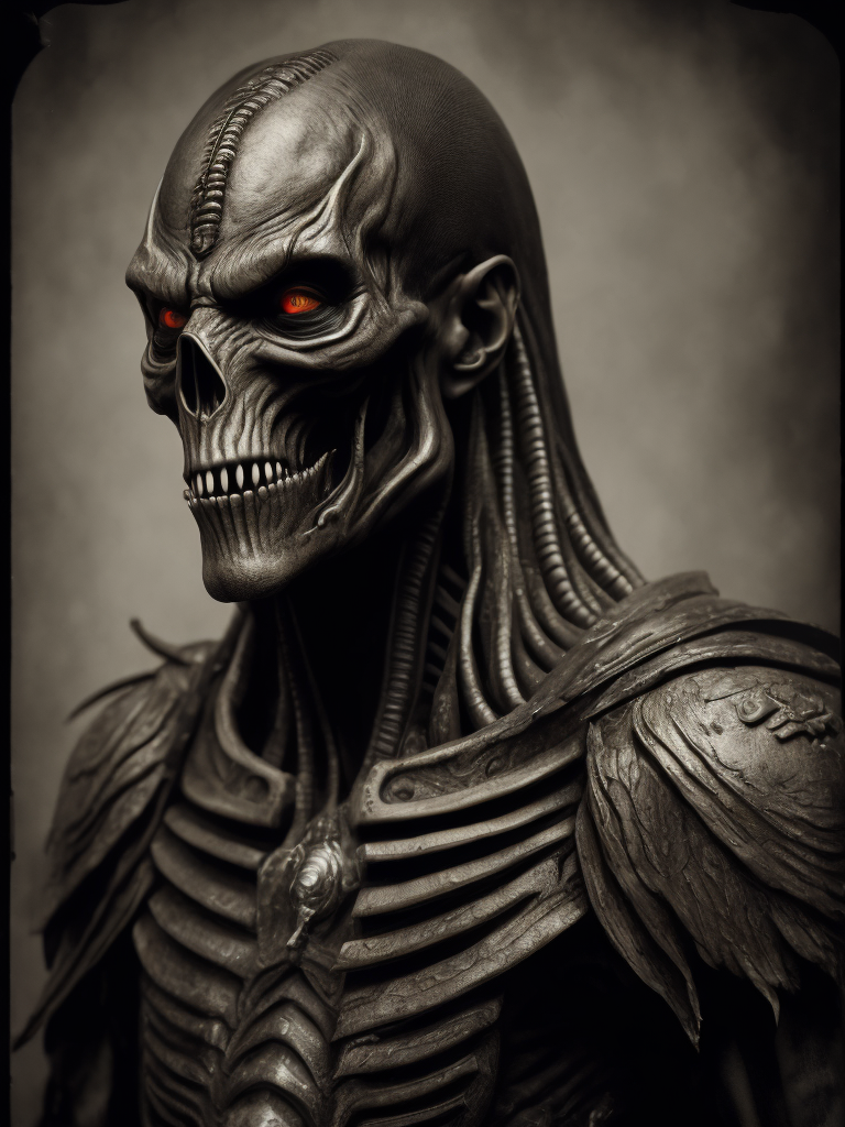 hyper realistic of a zombie xenomorph warrior, character, wet plate collodion, sharp, high detail, Mathew Brady, portrait, in the style of stefan gesell and emil melmoth and hr giger and klimt