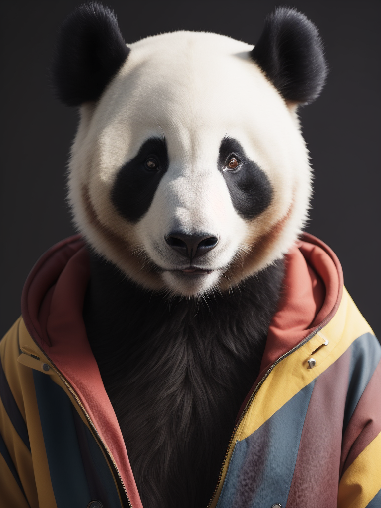 Portrait of a panda dressed in a colorful oversized jacket, Vivid saturated colors, Contrast color, studio photo, professional photo, Rich colors, Detailed image, detailed face