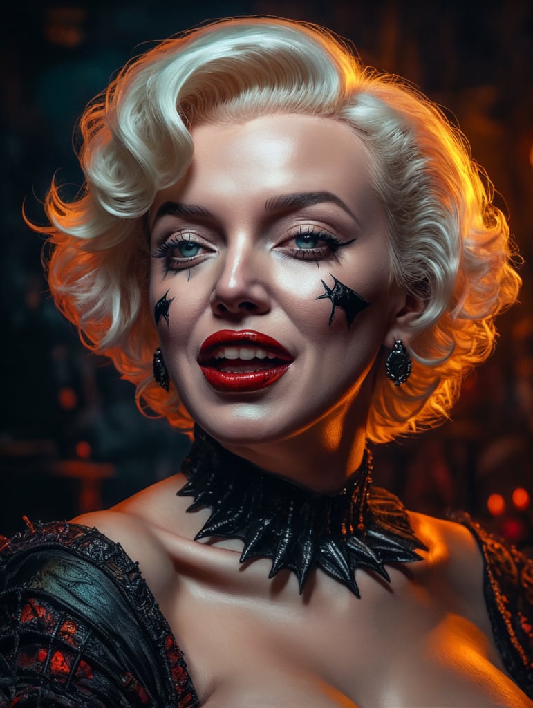 Marilyn Monroe as an evil character wearing creeoy and spooky Halloween costume, Vivid saturated colors, Contrast color