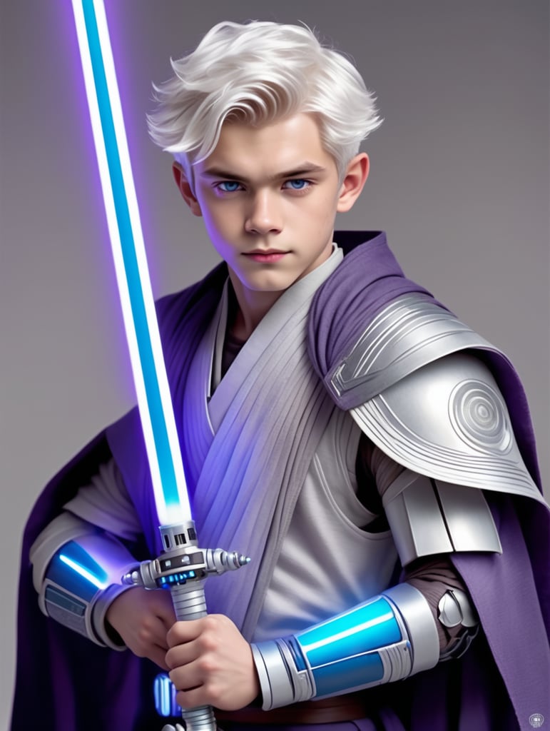 Star wars cute pale Padawan twink with white hair, cybernetic arm, and has a purple light saber and blue gray Jedi robes