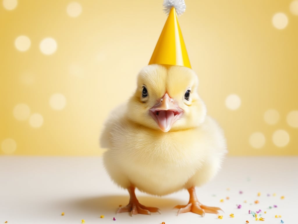 portrait of a Yellow Baby Chick Singing Happy Birthday, stands front camera with birthday cap, happy birthday image