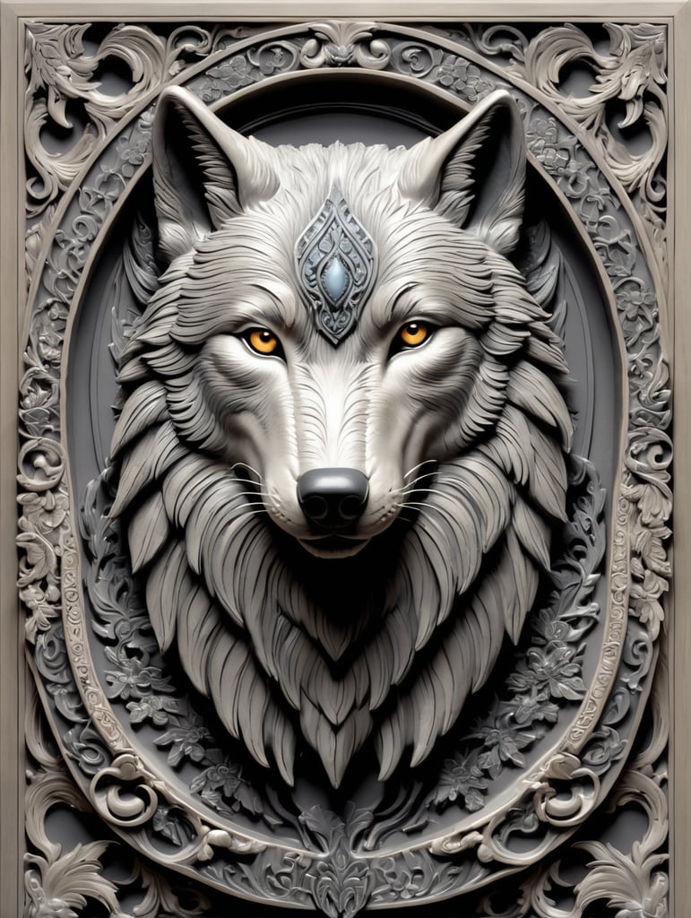 This is an image of a three-dimensional representation of a wolf, with intricate detailing that gives it an almost sculpted, bas-relief appearance. The wolf is depicted with a noble and serene expression, and its fur is rendered in swirling patterns that add to the artistic quality of the piece. The color palette is primarily in shades of dark grey and black, which adds to the majestic and somewhat mystical aura of the wolf. There is also an ornate border framing the artwork, suggesting that this might be a decorative piece or a part of a larger installation.