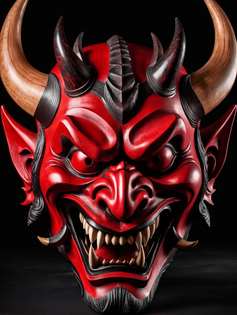 wooden red japanese demon mask with fangs and horns, black background, aggressive, Depth of field, Incredibly high detail