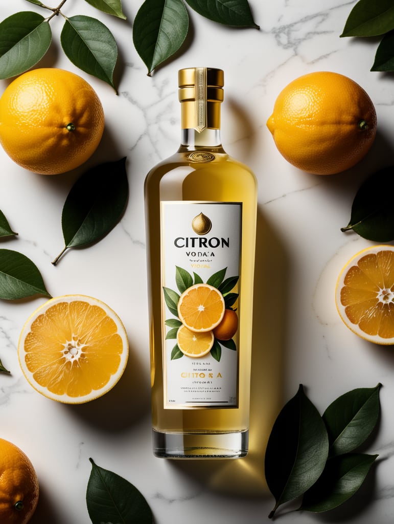 Packaging and branding for a citron vodka brand as if it had been designed by HI ESTUDIO with In a set design with citrus fruits, citrus fruits and dry citrus leaves.