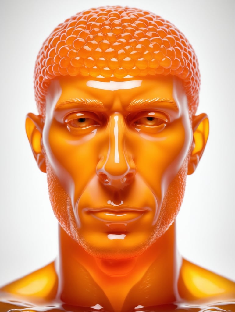 Portrait of a Translucent orange man made from the orange fruit, organs are visible through the jelly, isolated black background