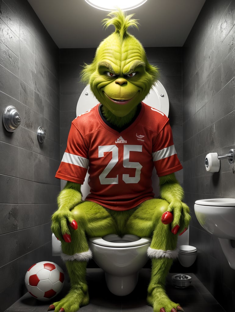 The Grinch wearing a football jersey, he has an evil grin and he is sitting on a toilet bowl in the shape of a football helmet