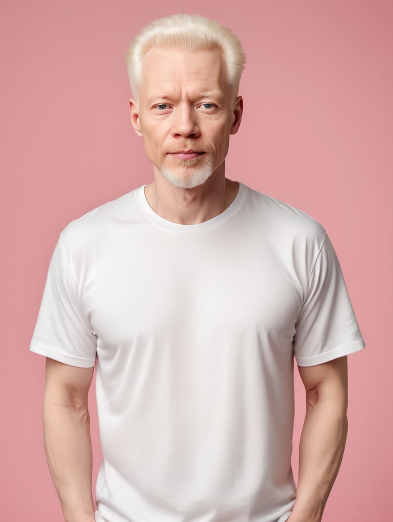 A middle-aged albino man wearing a white T-shirt, Contrasting studio light, isolated, pink background, mockup, mock up