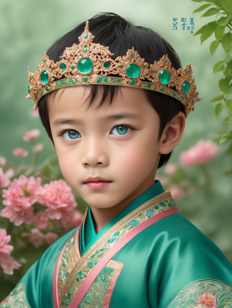 a boy with blue eyes is the cover to a book of 'beautiful princess series of china', in the style of light green and light emerald, 32k uhd, childlike innocence, xiaofei yue, dark orange and dark green, intricate costumes, light teal and dark pink --ar 3:4 --s 750 --v 6.0