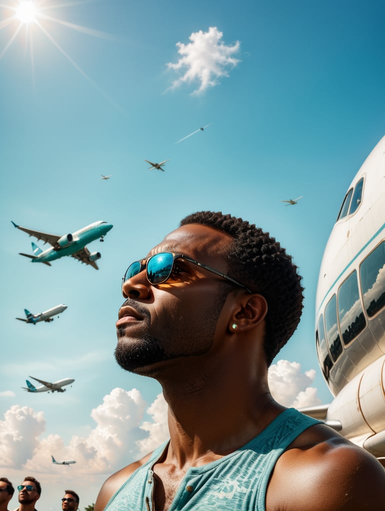 a black man raised his head up, looks at the sky, sunglasses, one airplane flies in a clear sky and leaves a mark, summer, turquoise shades, style of Richard Corben