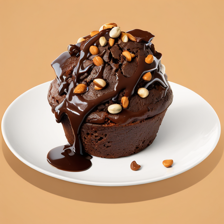 chocolate muffin with nuts on a plate, focus on details, high quality photo