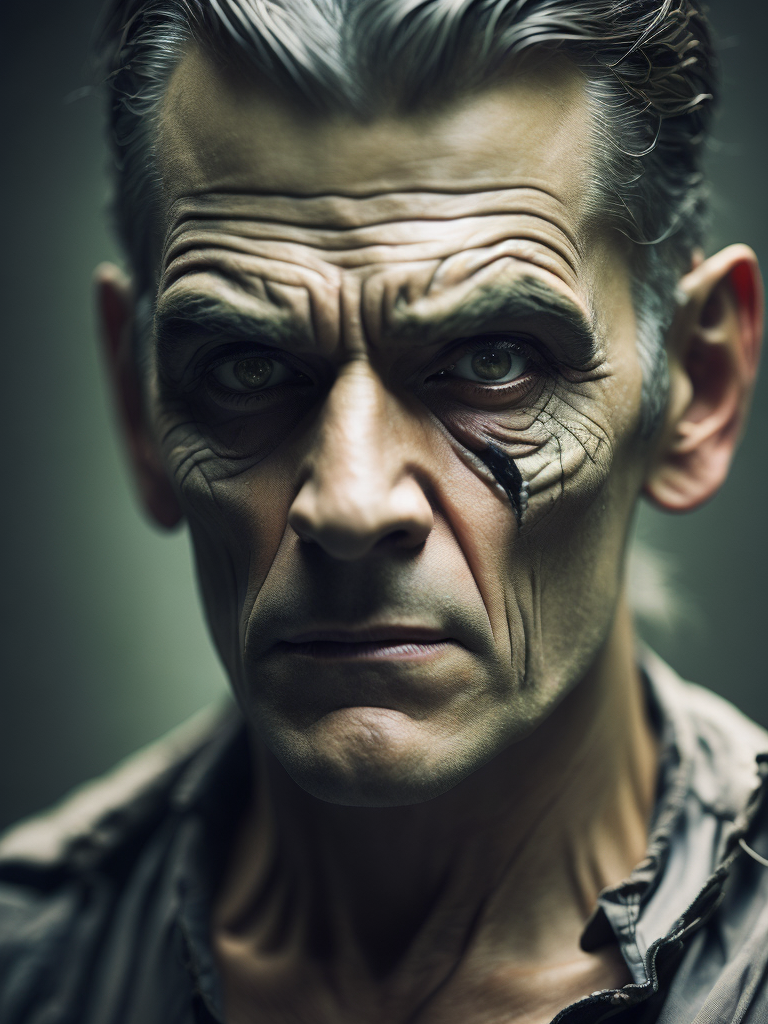 hyperrealistic close-up, Portrait of Frankenstein's Monster, Boris Karloff, Green Skin, muted color palette, atmospheric, creepy, intricate detail, reanimated corpse, scar tissue, decomposing, starring eyes, horror, horrific, neck, bolts, gangrene, veins, mutilated