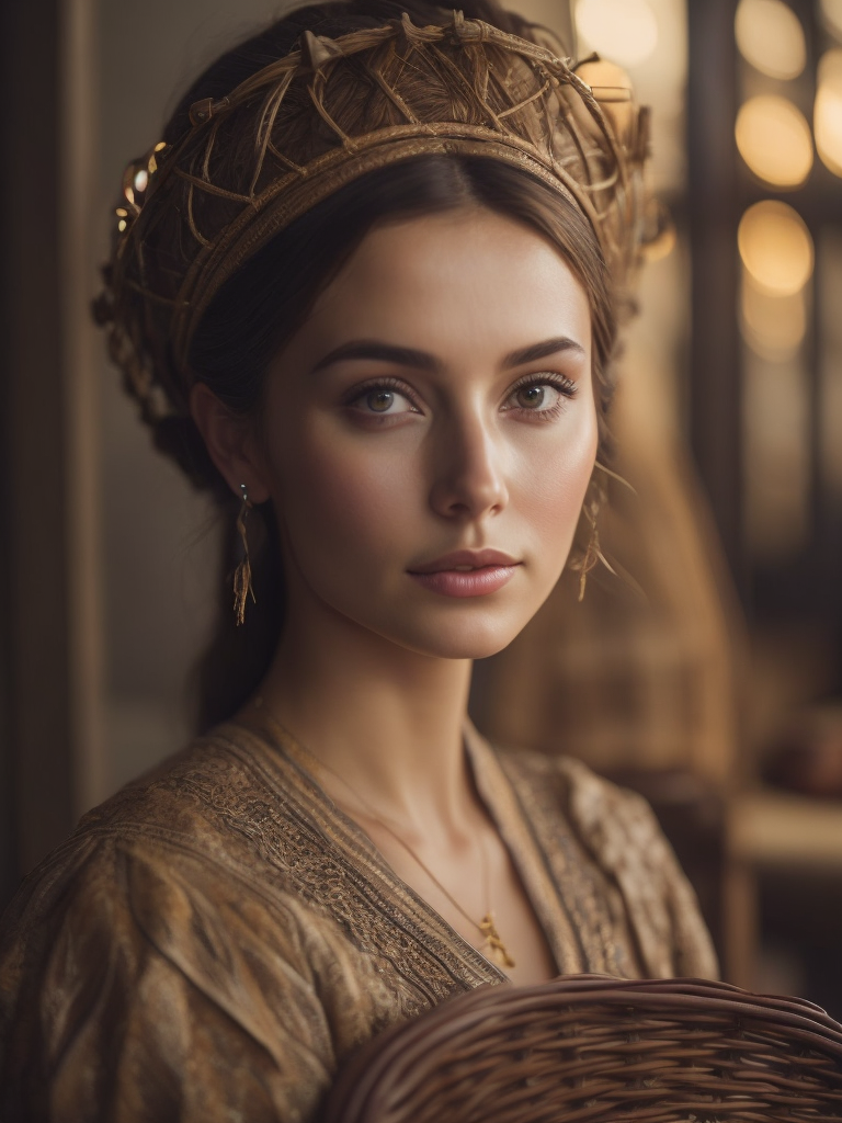 Portrait of a Beautiful women from Russian fairy tale wearing traditional costume holds wicker basket