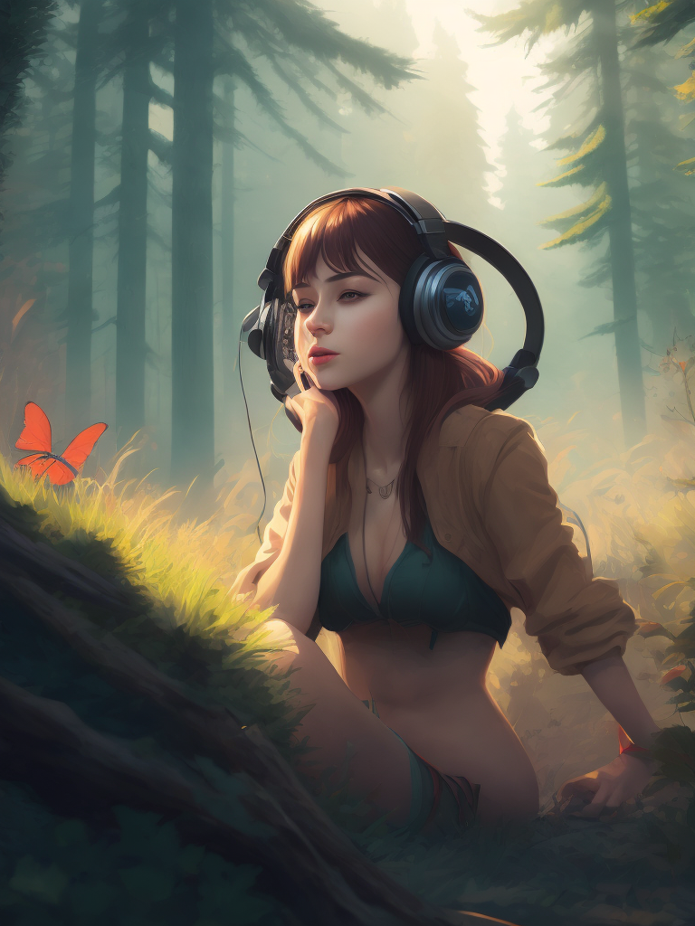 Beautiful girl listening to relaxing music with her headphones that takes her to a surreal forest, art by ilya kuvshinov and wlop, intricate, sharp focus, trending on artstation
