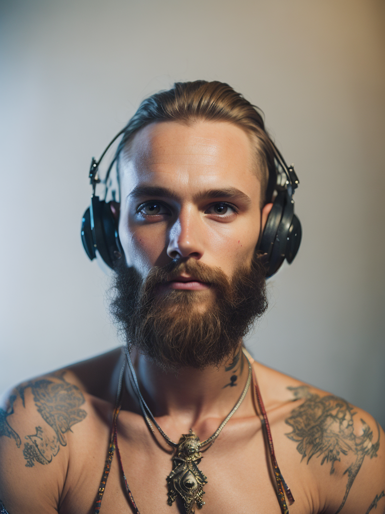 viking from buduzhego with headphones in golden armor, tattoo on the neck of windizel