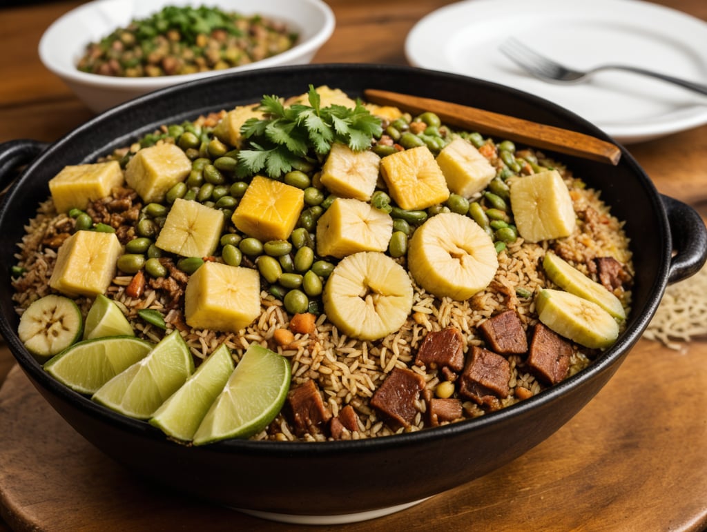 Brazilian food, known as maria izabel, a beautiful wooden table as in the image, on the table, rustic containers with food, which consists of rice, dried meat in cubes, chopped green chili on top, in another container, farora of banana, and another container with empamonado beans, a typical dish of Cuiabana cuisine, in the realistic style