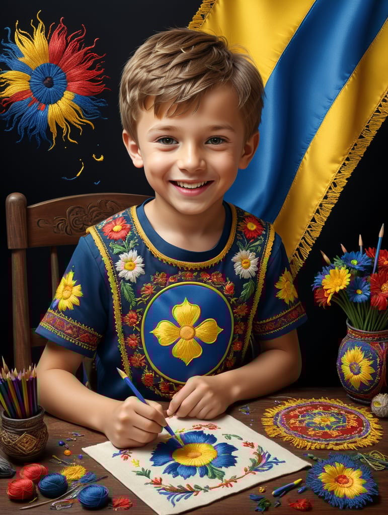 3D візуалізації веселого милого хлопчика в українській вишиванці, з графічним малює яскраві пригоди, на задньому фоні - вибух фарб в кольорах прапора України, стиль Disney