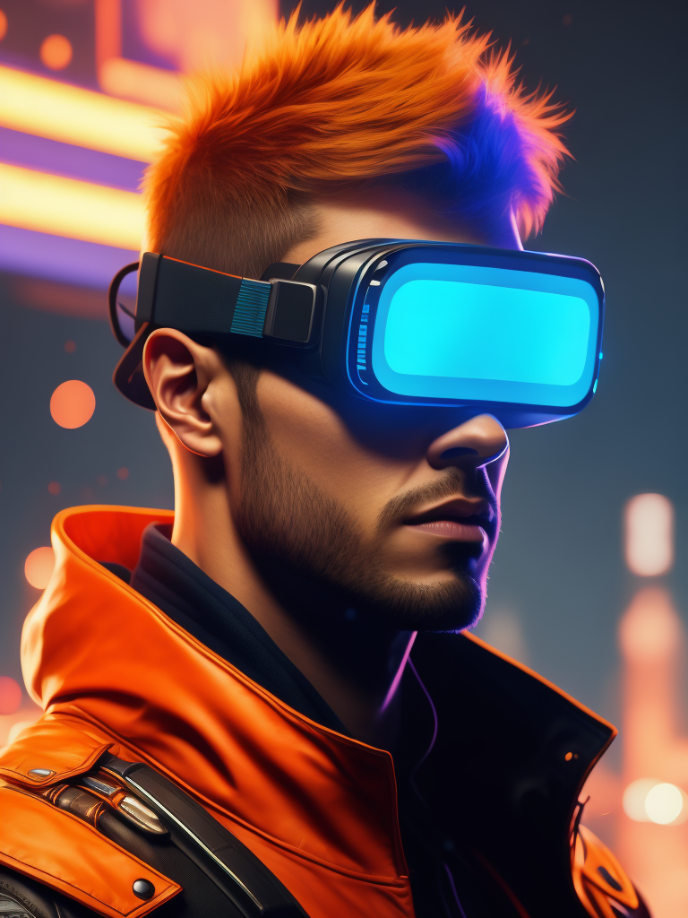 Man wearing virtual reality glasses, cyberpunk style, neon colors, bright colors, bright blue glowing glasses, sharp details, contrasting light