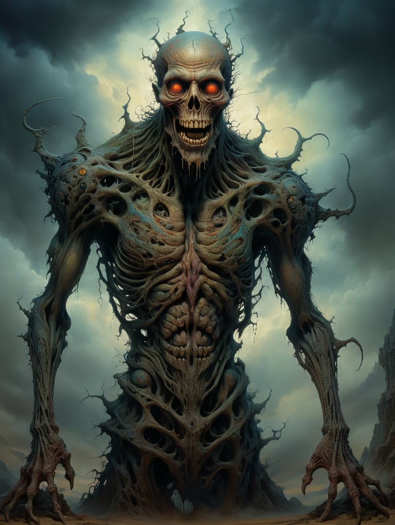 Distorted, nightmarish portrait of a figure with elongated limbs and contorted features, rendered in the distinctive style of Beksinski.
