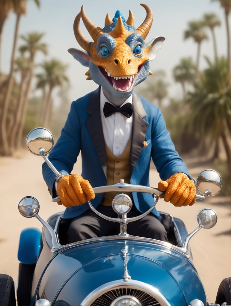 goofy tricearatops, large oval head, sapphire eyes with hairy hands riding in a Model t Convertible