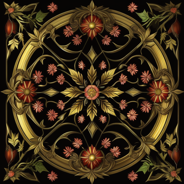 floral stained glass pattern design, art deco, art nouveau, flowers, foliage, incredibly high detail, elegant, gold, pink, metallic, dramatic lighting, saturated colors, green, organic, symmetrical, render, sculpted