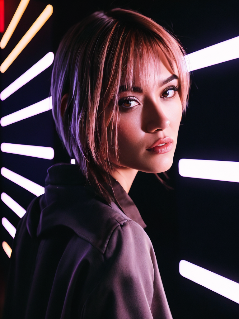 A women with a short black hair, stands near neon light illumination ad, looks on camera, cinematic shot