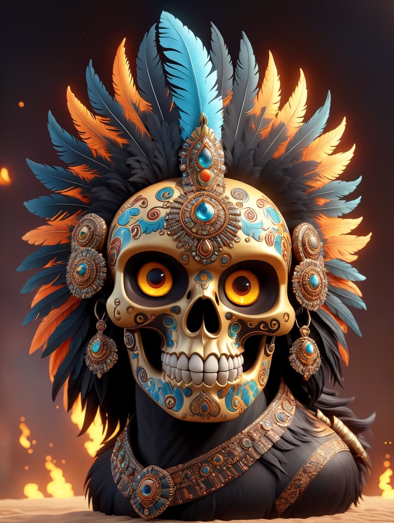 Una calavera azteca con su impresionante penacho de plumas hermosas y pedrería brillante, monta un caballo negro con ojos brillantes como el fuego