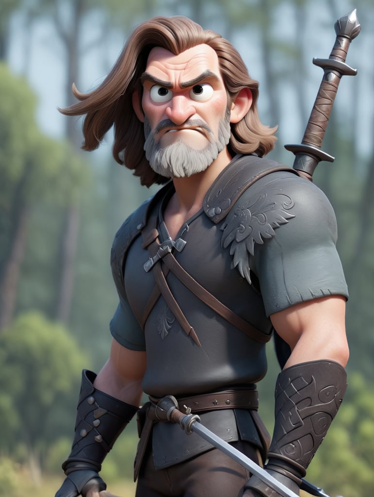 The witcher. A tall man with ashen long hair and two swords on his back