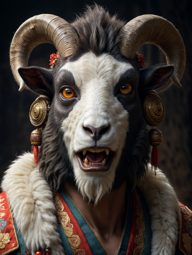 faun, fur skin, goat eyes, sheep lips, wearing asian clothing, only one pair of ears.