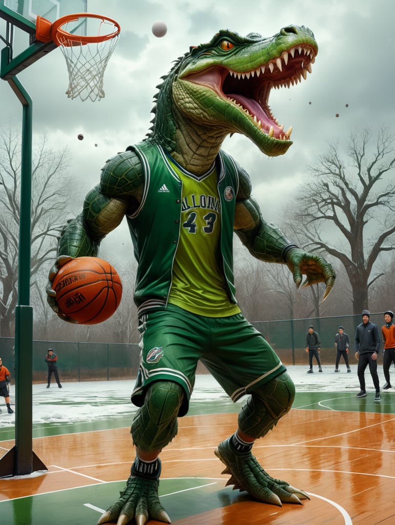 A furious alligator basketball player, dunk, green outfit, basketball court outdoor in background, winter, manga style