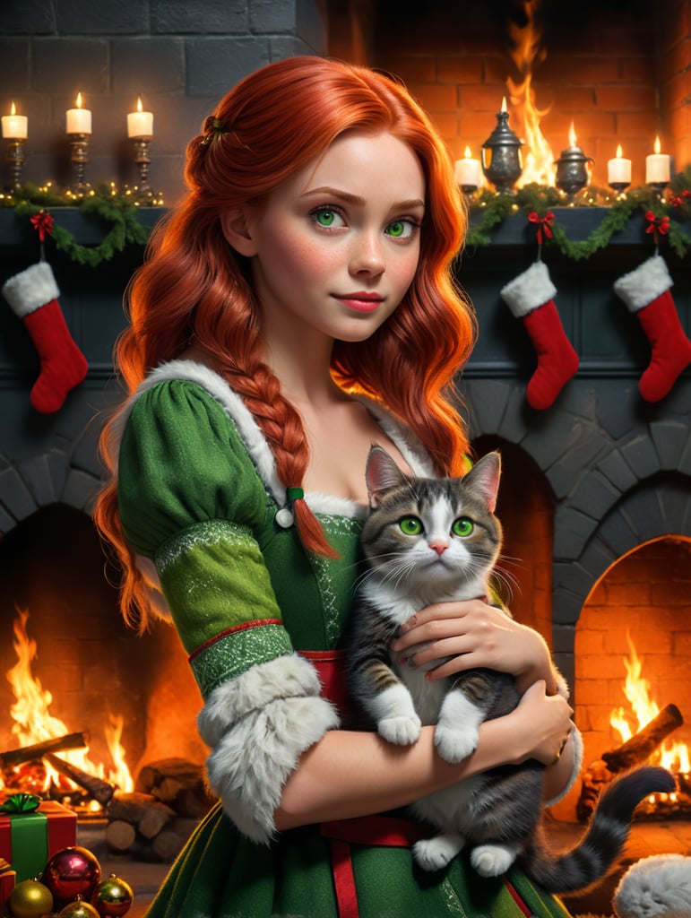 Disney Pixar inspired movie poster with the title Lena in the image a the girl has red hair straight to her shoulders, holds a cat, gray fur, green eyes, at home by the fireplace, Christmas decor