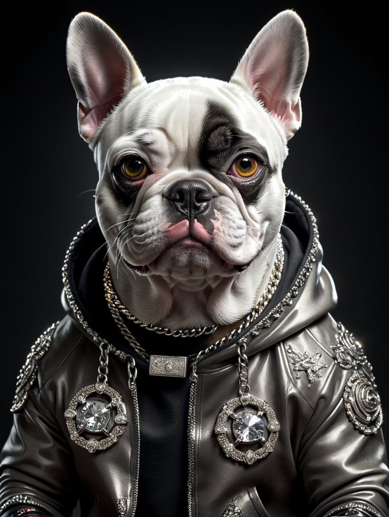 Silver French bulldog, hoodie, bling chain