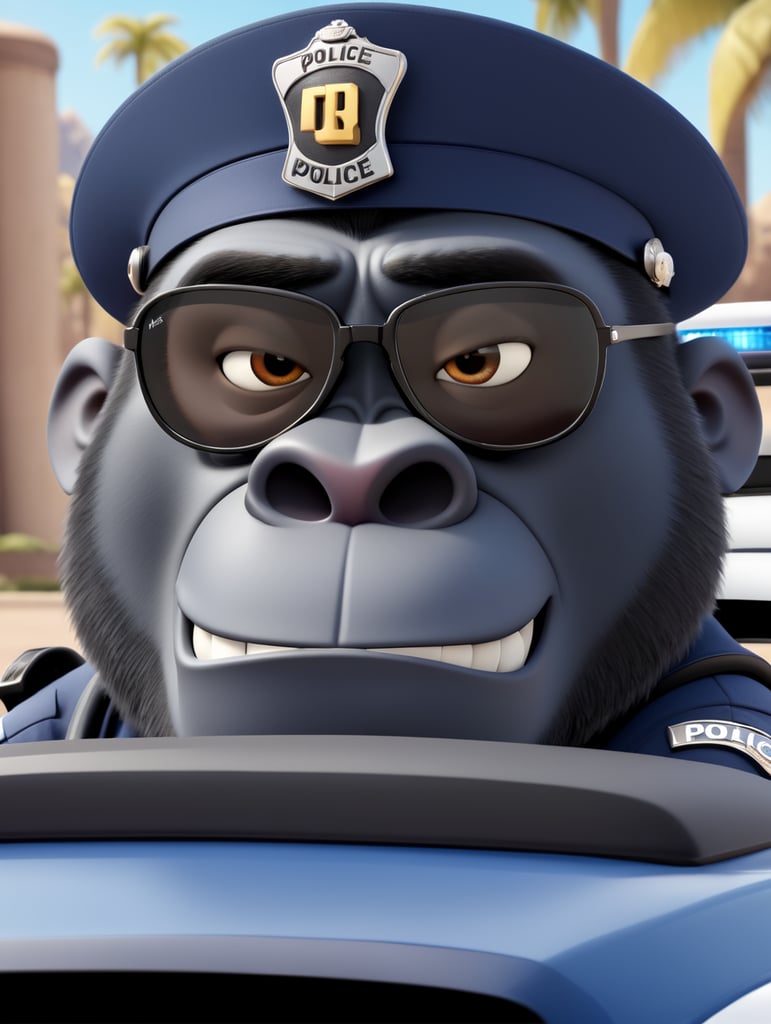 Gorilla police officer, sitting behind the wheel of a police car, close-up shot, sunglasses, clipart, stock photo