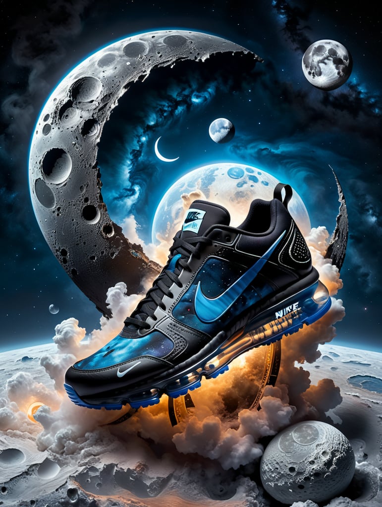 Nike logo T-shirt with blue and black galaxy vapor max shoe on it with Saturn background and Moonlight with Nike logo on the moon