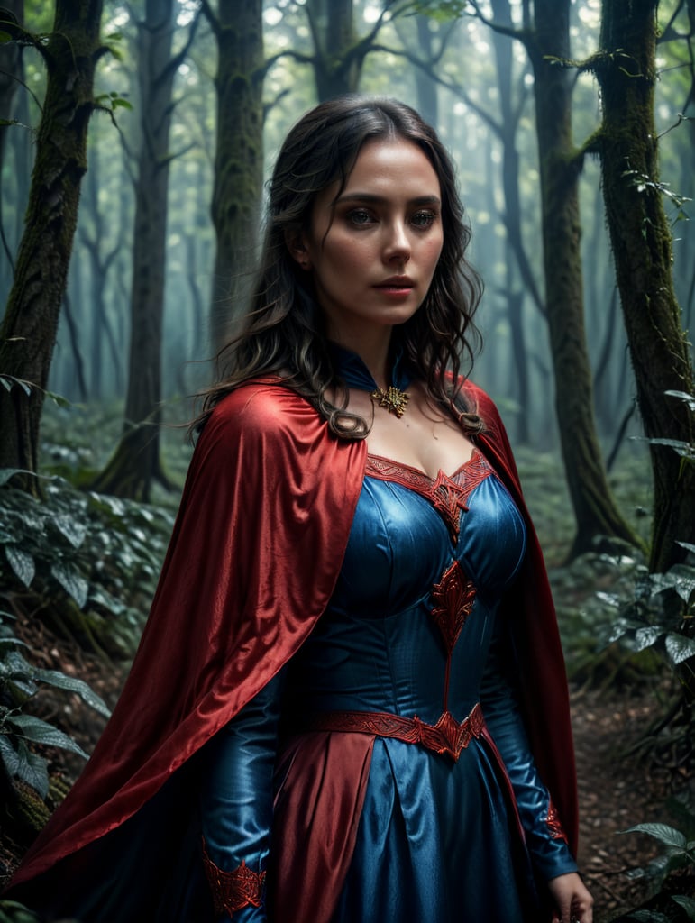 woman in a red cape and blue dress in a forest, portrait