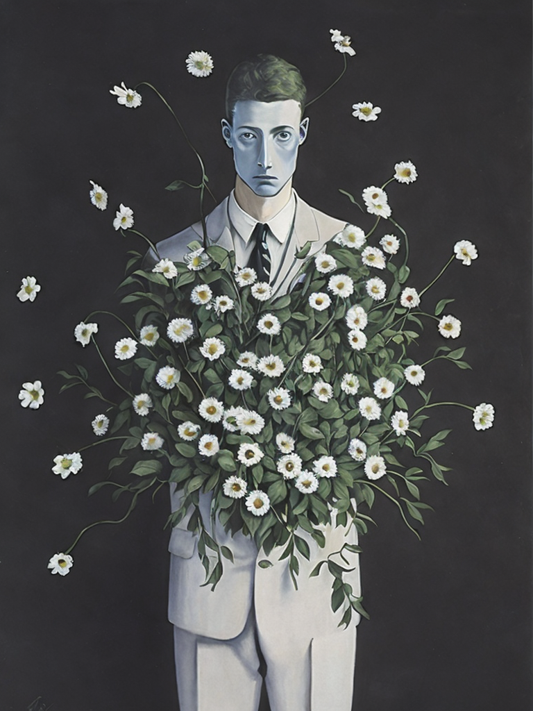 Man with body covered by flowers, painted by rené magritte