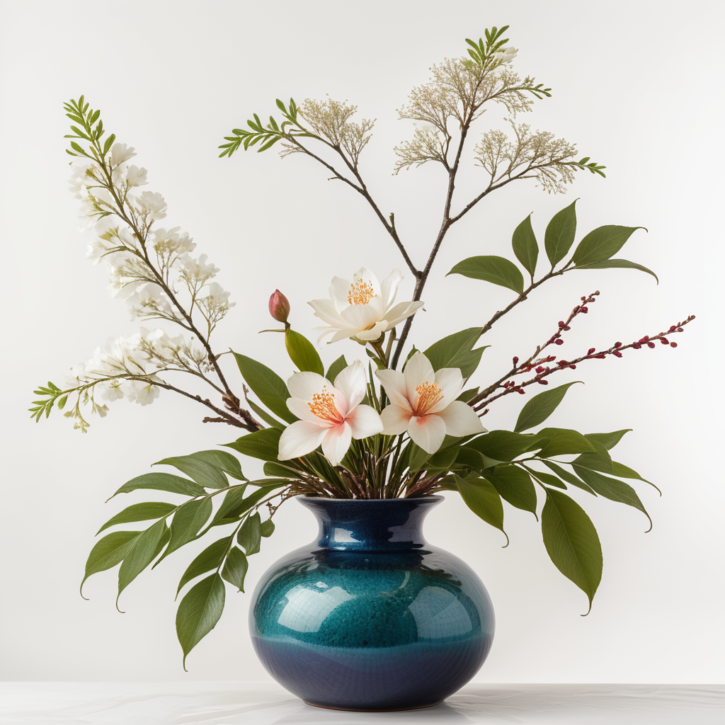ikebana of flowers and branches in a small vase on a white background