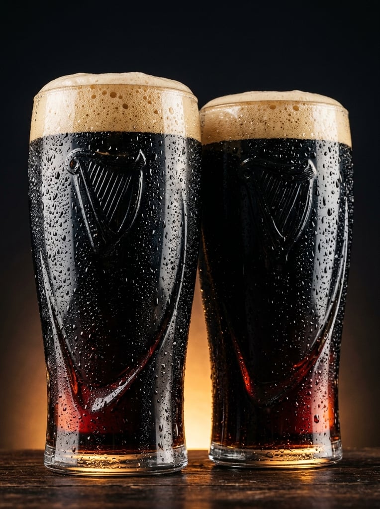 two tall tulip pint glasses filled with jet-black stout beer, thick creamy white foam heads, heavy condensation and fine water droplets coating the glass exteriors, sweeping embossed curved ridges molded into the glass surfaces, macro product photography, warm glowing amber backlight illuminating the glass bases, smooth gradient fading into a deep solid black background, sharp edge lighting reflecting off the moisture, photorealistic, rich high-contrast lighting