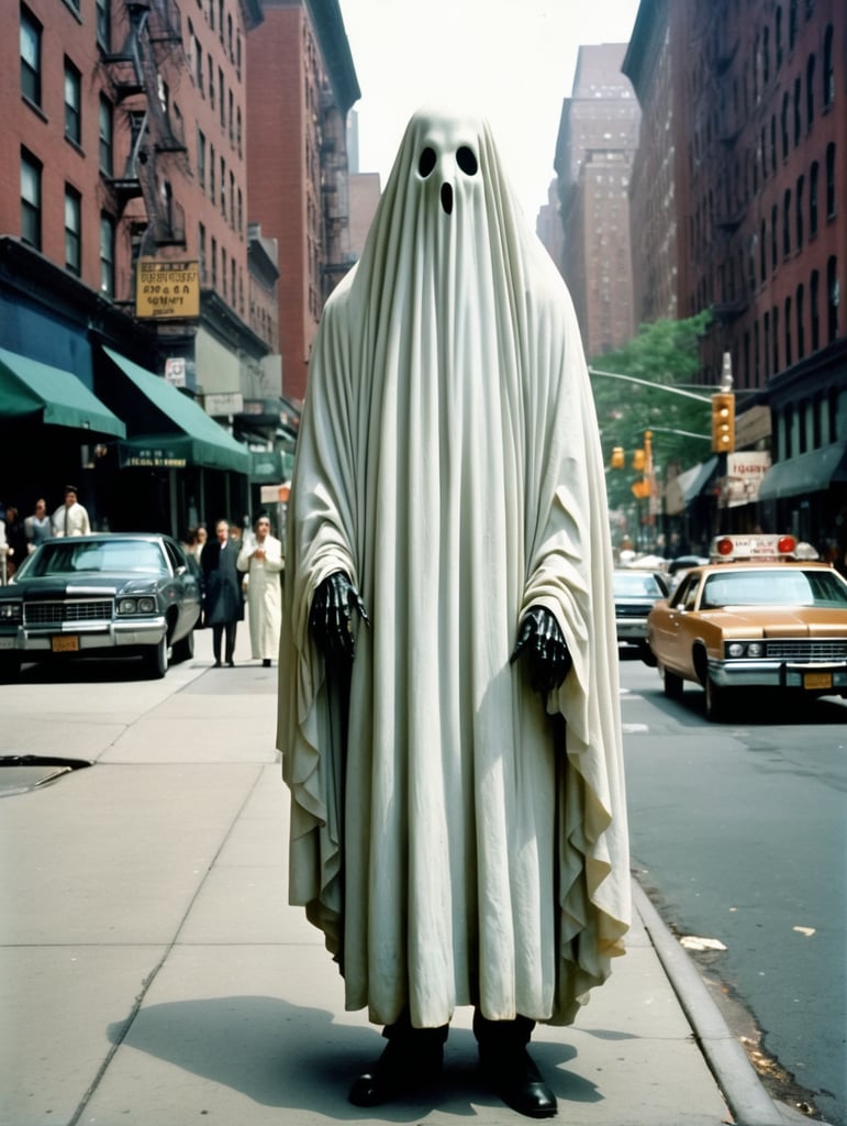 Very creepy realistic ghost standing in the street, new york city, portra 400, vintage photo