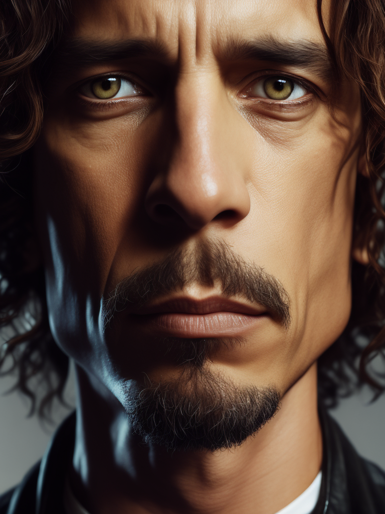 Close up photo of the face of Singer Chris Cornell of the band Soundgarden, photorealistic, hyper realistic