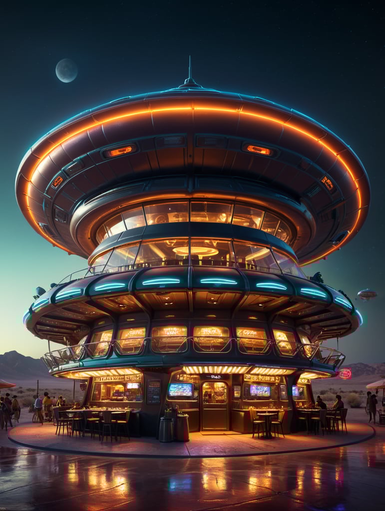 futuristic ufo cafe, desert, an night, neon, glass