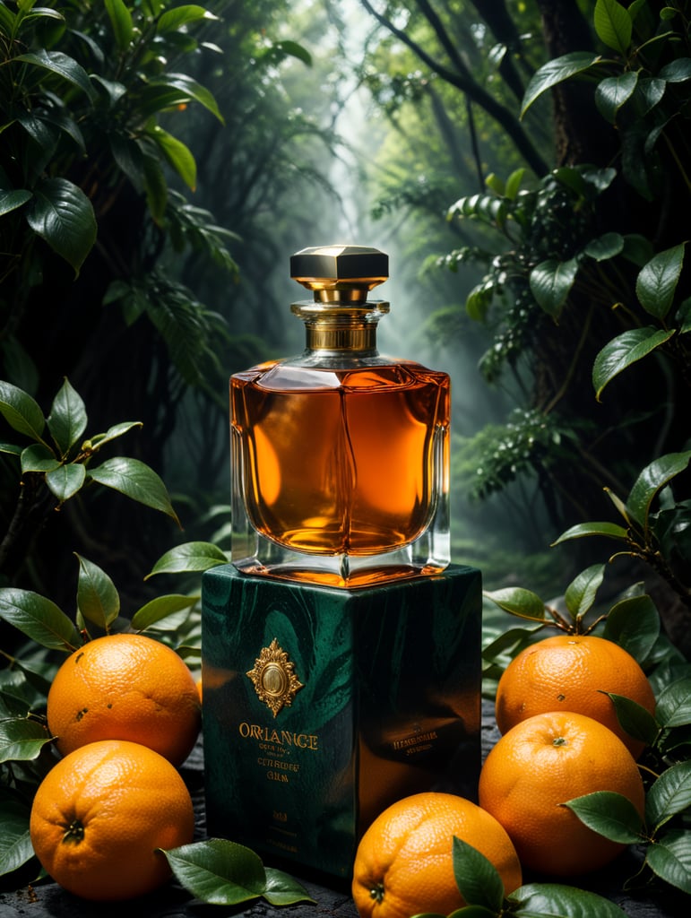 professional photography of a luxury perfume, orange fruits around, orange forest, green satin scarf, no label, clear, mockup