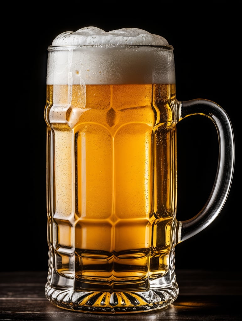 glass beer mug, isolated, black background, professional photo
