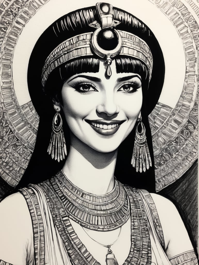 Happy Cleopatra, Ink pen sketch, low light, low detail,