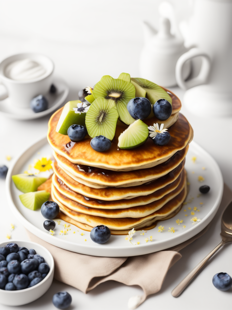 Pancakes with blueberry and kiwi decorated with chamomile flowers, bright atmosphere, Provence, Depth of field, Incredibly high detailed