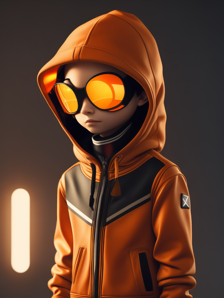Orange cute style chatbot wearing stylish hoodie clothes, astro boy sneakers and a futuristic glasses