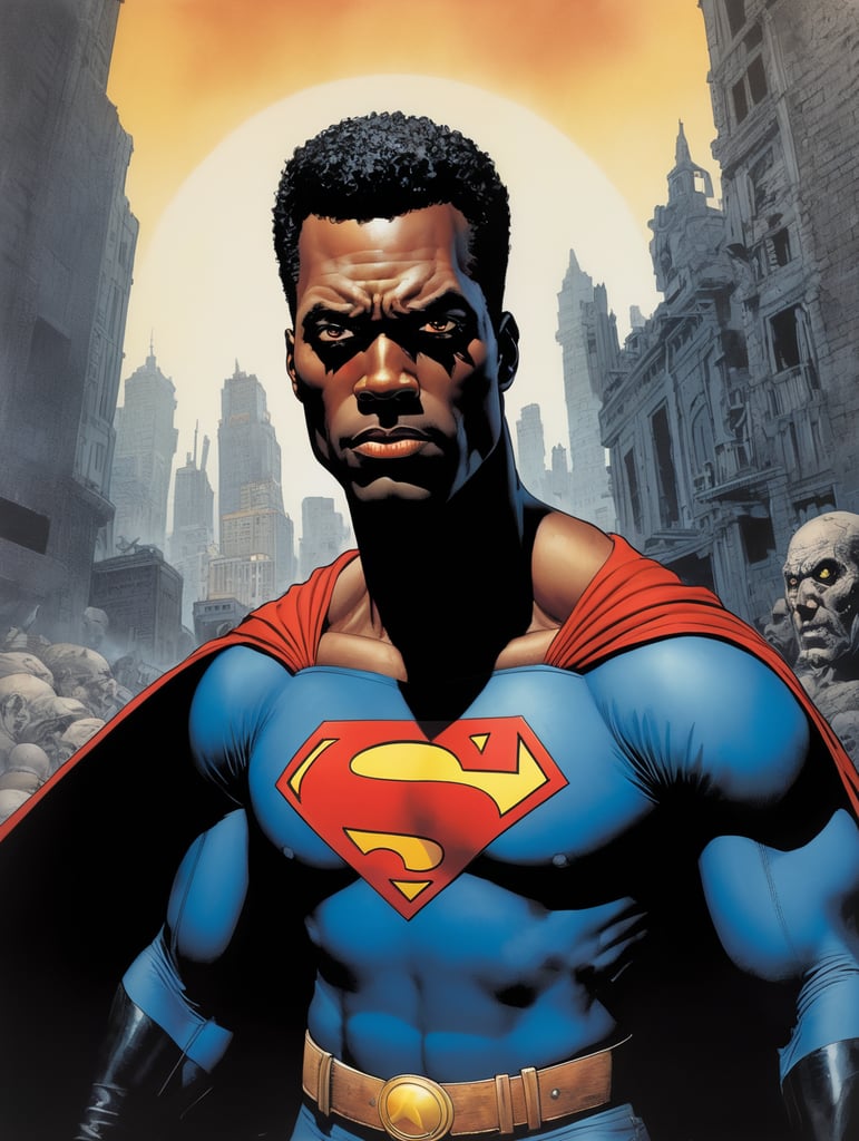 Black Superman, Hero Portrait, Comics, Marvel, Horror, USA, style of Richard Corben