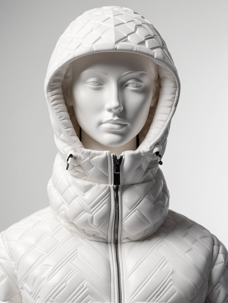 An ancient marble statue wears a modern puffer jacket of geometric pattern. Isolated black background.