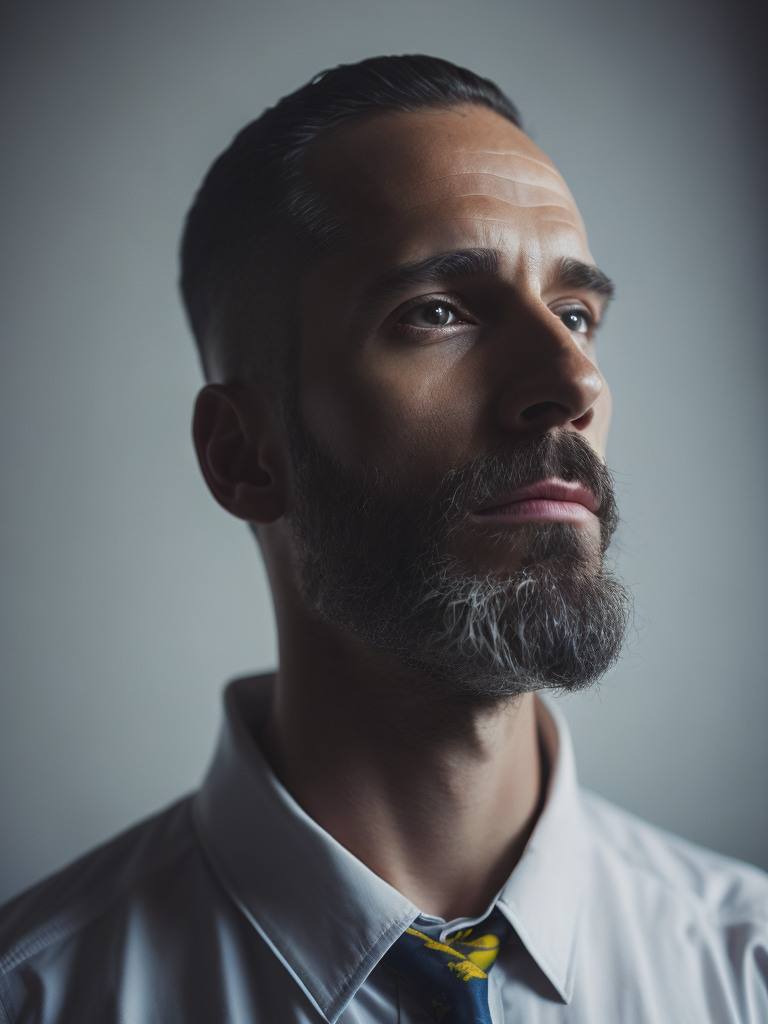 Portrait of Homer Simpson as a real person, white shirt, Dramatic Lighting, Depth of field, Incredibly high detailed