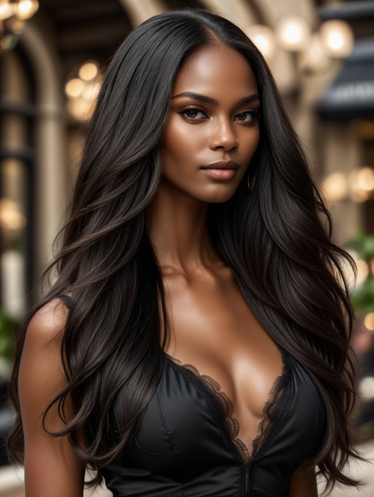 uma linda modelo negra de cabelos lisos, pretos e muito compridos usando dolce & gabana foto hiper realista e detalhada.foto de corpo inteiro